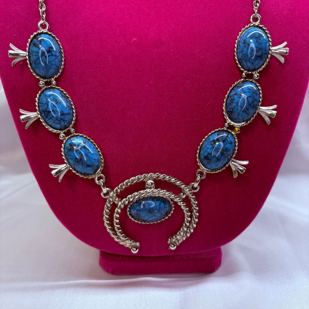Squash Blossom Necklace Womens OS Blue Good Mock Turquoise Naja Boho - Picture 4 of 7